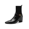 Botines bajos de cuero suave color Maillard con tacón de cuña de 5 cm para mujer, nuevos botines calcetín elásticos de punto de tacón medio para otoño e invierno con punta cuadrada