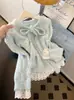 Suéter Azul de Punto para Mujer, Estilo Coreano, Parches de Encaje, Falso Dos Piezas, Lazo, Otoño Invierno, Personalizado de Fábrica