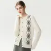 Caxemira de Qualidade! Cardigan Feminino Elegante Literário Versátil Gola Redonda Outono Inverno Jaqueta Feminina de Caxemira com Padronagem Xadrez Diamante