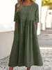 E-commerce Transfronteiriço 2026 Primavera/Verão Nova Rodada Pescoço 5 Mangas Tamanho Grande Casual Solto Longo Cor Pura Algodão Linho Vestido