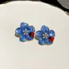 Pendientes de Plata Aguja Flor de Mariquita de Siete Puntos Perla Goteo de Aceite Fresco Pequeña Pendientes de Lujo Ligero Sentido Avanzado Dulce Único Elegante