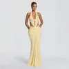 Vestido Longo de Festa Banquete Feminino com Cintura de Lantejoulas, Plissado e Caimento, Gola Halter Europeu e Americano, Decote Profundo em V, Vestido Longo de Bandagem
