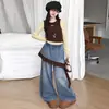 Conjunto Outono/Inverno 2026 para Meninas Casual Estilo Coreano Crianças Médias/Maiores Blusa Falsa de Duas Peças Renda Babado Calça Jeans