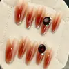Bosque de Rosas Color Caramelo Café Uñas Portátiles Hechas a Mano Gama Alta Francesas Longitud Media Ojo de Gato Manicura con Diamantes 10 Piezas