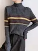 2025 Nuevo Otoño e Invierno Andy Terciopelo Cuello Alto Medio Tejido de Punto Manga Larga para Mujer Rayas de Bloque de Color Camiseta Top para Fondo