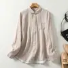 Camisa clásica a cuadros de cuello redondo retro, top versátil de manga larga de algodón y lino para mujer
