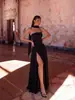 Vestido de noche sexy estilo europeo y americano con cuello halter sin tirantes, color liso, gasa fluida, abertura alta, largo hasta el suelo para fiesta