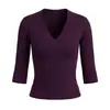 Camiseta BESOBE de Manga Tres Cuartos, Escote en V Profundo, Adelgazante, Ajustada, Sexy, Versátil, Top Básico de Hombro Recto para Otoño