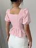 Moda de Verano Transfronteriza Europea y Americana para Mujer Camisa Casual Elegante Cuello Cuadrado Manga Abullonada Manga Corta Top Dulce