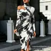 Transfronterizo Nuevo Estampado Digital Casual Personalidad Moda Temperamento Vestido de Manga Larga Hombros Descubiertos Falda Primavera y Otoño Mujer