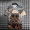 Verão 2025 novo T-shirt masculina de manga curta transfronteiriço AliExpress impressão 3D gato fofo gola redonda manga curta T-shirt top