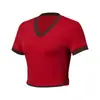 Camiseta Corta Dulce y Picante Estilo Americano para Mujer, Cuello en V Retro, Bloques de Color, Ropa Deportiva Corta de Puro Deseo, Top para Gimnasio Yoga