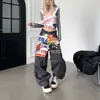Jeans Lavados Estilo Retro Americano para Primavera y Otoño para Hombres y Mujeres, Pantalones de Pierna Ancha Rectos Casuales Versátiles con Estampado