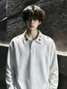 Sudadera con Capucha y Cuello Alto Gris Flor Blanca para Hombre Otoño Bordada Manga Larga Camiseta Marca de Moda Americana Camisa Base con Cuello