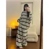 Pijama de rayas de manga larga talla grande, corte relajado para mujer, nuevo estilo otoño 2026, pantalón largo, se puede usar afuera, conjunto de dos piezas para estar en casa