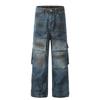 D1616 Jeans Masculino Denim Retrô Americano Moda de Rua Resistente Múltiplos Bolsos Design Spray Colorido Solto