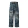 Jeans Sueltos de Moda Nacional de Nicho Teñido Sucio con Herramientas Viejas para Hombres y Mujeres, Pantalones Anchos Sueltos de Calle con Bolsillos Tridimensionales