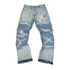 Ga Venta al por Mayor Comercio Exterior Transfronterizo Marca de Moda Jeans de Mezclilla Acampanados Lavados Desgastados Patchwork Unisex