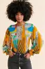Camisa Floral Longa Estilo Boêmio Europeu e Americano Cruzada Feminina Verão Manga Lanterna Franzido Color Blocking Solta Emagrecedora Top