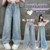Calças de perna larga para meninas primavera e verão, nova chegada, estilo ocidental, jeans bordado, calça infantil média-grande, perna reta, calças da moda