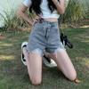 Shorts de mezclilla con doble hebilla para mujer, celebridad de internet, cintura alta, verano, diseño holgado, marca de cuero, negros, pierna ancha A, borde, pantalones cortos hot