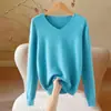 Suéter feminino de alta qualidade, sem costura, gola V, pulôver solto, manga longa, base de malha, atacado para comércio exterior