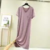 Vestido Feminino Curto de Manga Curta com Gola V e Bolso, Fino de Verão, Algodão Modal, Saia Base Solta Casual, Cobrindo a Barriga, Emagrecimento, Saia Longa