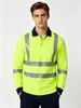 Camisa Polo Reflectante de Manga Larga en Azul Marino con Costuras Bicolor, Alta Visibilidad Inspección de Carreteras Secado Rápido Transpirable Ropa de Trabajo