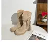 Botas de Cuero Suave de Media Pantorrilla con Borlas y Pliegues para Mujer, Tacón Grueso, Botas de Jinete Retro, Otoño/Invierno, Venta al por Mayor de Fábrica, Dropshipping Botas para Mujer