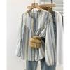 Foto Real de Camisa Rayada Degradada Coreana para Mujer, Camisa Babydoll Holgada Casual de Manga Farol, Top de Camisa de Nicho
