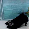Zapatos de Mujer de Tacón Medio Puntiagudos de Gamuza Negra Más Vendidos 2026 Nuevo Estilo Otoño Zapatos de Salón Franceses de Boca Baja con Hebilla Cuadrada y Pedrería