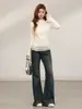 Camiseta feminina 2026 nova de manga longa com gola semi-alta e acabamento de babado de renda, camada interna quente para outono e inverno, top espessado