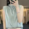 Camisa sin mangas de satén de acetato con cuello de encaje para mujer, nuevo top de punto liso de verano, blusa moderna y versátil