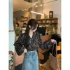 Foto real de camisa vintage com design floral, decote V, manga longa para mulheres, estilo coreano, estilo curto elegante com top único de amarrar 18191