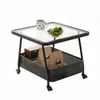 Mesa de té móvil, mesa auxiliar para sofá de sala de estar, mesita de noche, carrito con ruedas y tapa de vidrio, mesa de té pequeña para uso doméstico, hecha de losa de roca