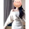 Vestido Suéter de Tricô Coreano com Manga Morcego Ol Off-Shoulder para Mulheres, Estilo Petite de Primavera, Vestido Bodycon Estiloso para Boate