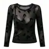 [Hecho a medida] Blusa transparente con estampado de mariposas negras para primavera/otoño para mujer, cuello redondo, corte ajustado, encaje ligeramente transparente