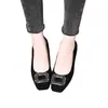 Zapatos de mujer de tacón grueso con punta cuadrada estilo francés, zapatos de noche de corte bajo, gamuza con pedrería, negros, adecuados para el trabajo y para ir al trabajo, para combinar con una falda