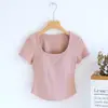 Camiseta de manga corta para mujer con almohadilla en el pecho, dobladillo irregular curvo, camiseta interior con sujetador, se puede usar por fuera, top de cuello cuadrado, verano