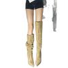 Botas de tacón alto de aguja con punta fina, estilo retro europeo y americano, de moda para mujer, con fruncido, de doble uso, caídas, en color gris caqui, botas largas