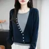 Suéter de punto bicolor de dos piezas falsas para mujer, nuevo cuello redondo de lana de hilo fino ajustado de manga larga cálido suéter base
