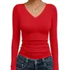 Aliexpress Mais Vendida Transfronteiriça Gola V Fina Camiseta Shein, Manga Longa Slim Fit Feminina Cor Sólida Casual Camiseta Básica Top