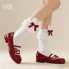 Calcetines de Algodón Puro con Cordones hasta Media Pantorrilla para Mujer, Calcetines de Encaje con Cinta para Primavera y Verano hasta la Rodilla, Calcetines de Pantorrilla Lolita
