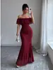 Vestido de noite longo de cauda de sereia com renda, ombro a ombro, transfronteiriço, para mulheres, com babados, ombros à mostra, justo, bodycon