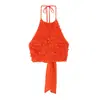 Top de Verano para Mujer Estilo Europeo y Americano con Lunares, Capas Decorativas, Cuello Halter con Tirantes Pequeños 2874 Rosa Naranja Negro Poliéster