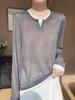 Camiseta de Punto Worsted Falsa de Dos Piezas para Mujer Primavera Nueva Casual Adelgazante Camisa Base Cuello Redondo Hombro Interno Top de Manga Larga