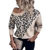 Suéter Feminino de Manga Longa com Estampa de Leopardo para Primavera, Top de Tricô Ombro a Ombro Exportação Amazon, Estilo Biker Versátil de Caimento Solto