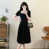 Elegante Vestido de Encaje Plisado Patchwork con Mangas Abullonadas para Mujer, Verano Talla Extra Línea A de Longitud Media con Diseño de Cintura Ceñida