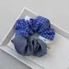 Diadema de cola de caballo con banda para el cabello grande, estilo retro azul a cuadros grises, con encaje cuadrado y bufanda, para niña dulce