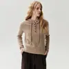 Ropa casual ~ suéter de cachemira con capucha para mujer de punto de canalé vertical, cierre de media botonadura, prenda base de punto, capucha con cordón